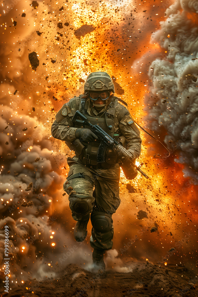 Combat soldier calmly walking out of a big explosion Combat soldier calmly walking out of a big explosion