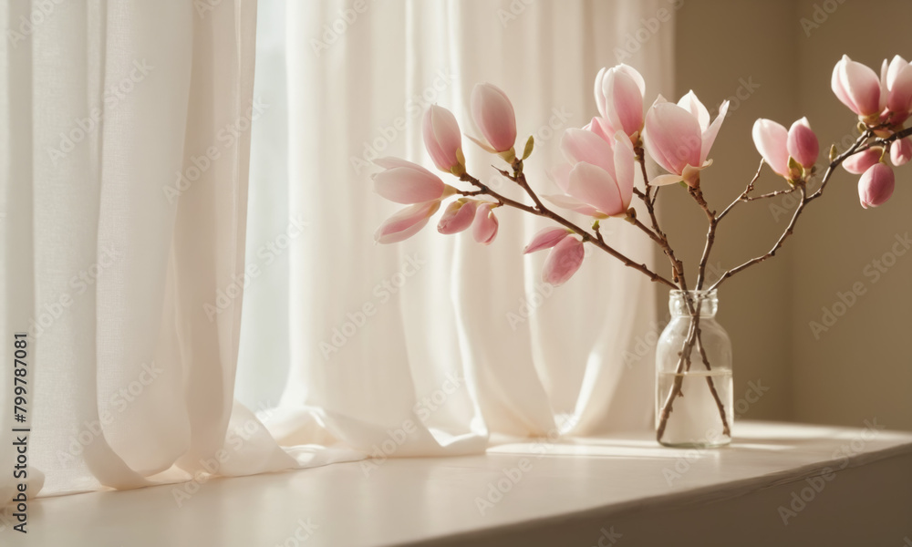 Close up of a blooming soft magnolia in a small clear glass vase against a pastel background. Delicate and romantic composition for Valentine's Day, Mother's Day and Women's Day. Floral background.