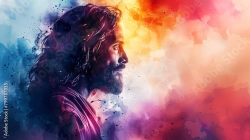 Vector illustration of Jesus Christ in worship against a colorful watercolor background. The background features various hues, providing flexibility for customization