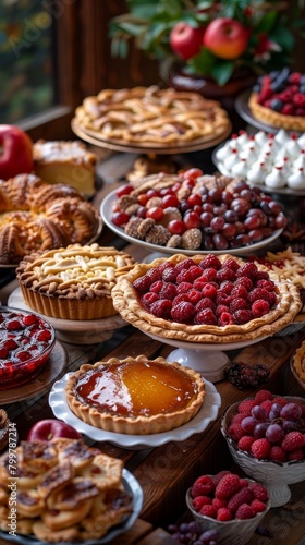 Thanksgiving dessert spread with a variety of warmly lit pies, cakes, and close-up details.