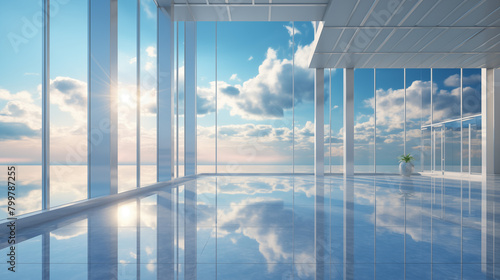 Blue Sky Through Window in Empty Room with Wooden Frame