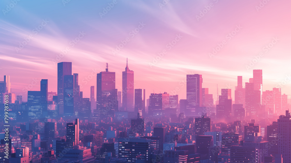 City skyline with a pink and purple sky