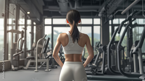 Back view of fit woman standing in a gym with a white sportswear, Exercise for health and beautiful body shape