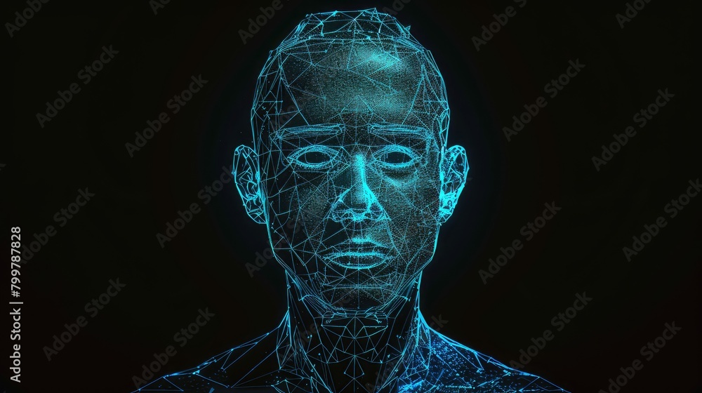 An artistic rendition of a cyborg man with AI, showcasing biometric scanning and face recognition technology in a polygon vector wireframe style. An artistic rendition of a cyborg man with AI, showcasing biometric scanning and face recognition technology in a polygon vector wireframe style.