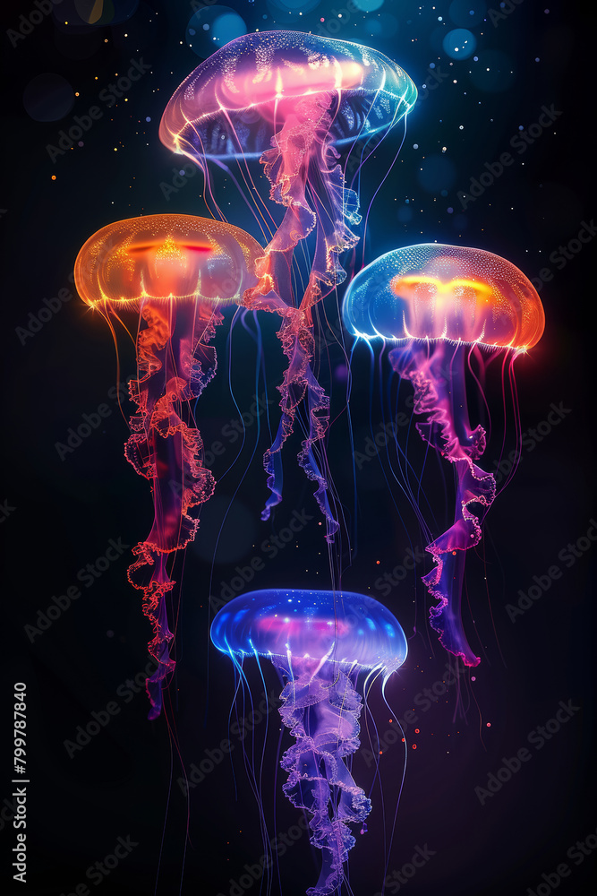 Neon Glowing Jellyfish on Dark Background Neon Glowing Jellyfish on Dark Background