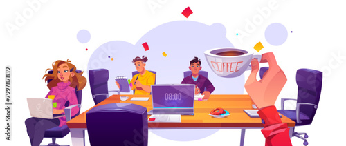 Business office morning with table and team work. Group conference meeting with coffee and laptop. Colleague meet and communication cartoon graphic. Corporate manager on workplace with employee © klyaksun