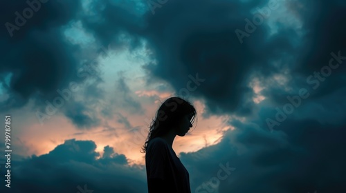 Close up of woman standing while looking at twilight sky and cloud with silhouette filter. Young beautiful girl looking for far away with sky. Represented feminist, equality, freedom, strength. AIG42.