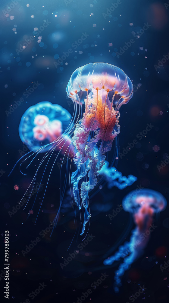 Vibrant Jellyfish Dance, Illuminating the Deep Blue