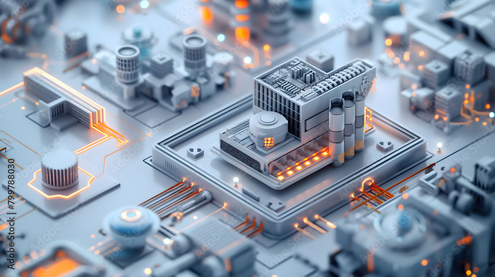 A close-up of a motherboard featuring an architectural model 