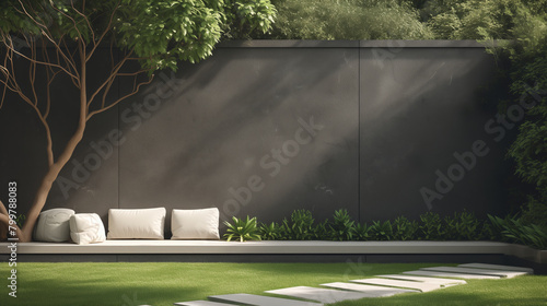 Fototapeta Naklejka Na Ścianę i Meble -  black wall with a tree in front of it and a bench with pillows