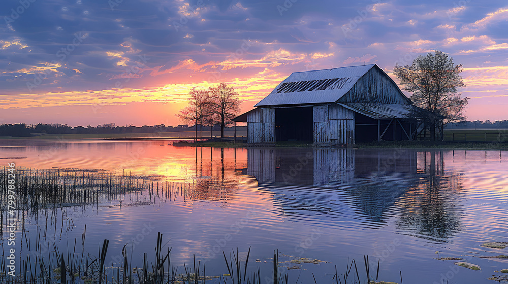 A barn on lake with a beautiful sunset. Generative AI. A barn on lake with a beautiful sunset. Generative AI.