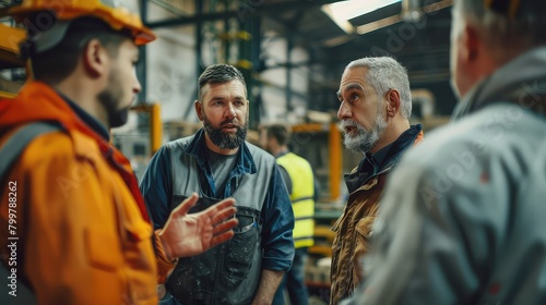 A focused shot of factory workers and engineers gathered in a workshop, engaged in discussion about work projects, showcasing collaboration and teamwork in industrial settings. 
