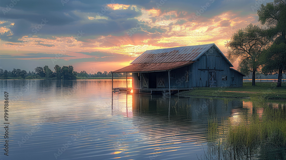 A barn on lake with a beautiful sunset. Generative AI. A barn on lake with a beautiful sunset. Generative AI.