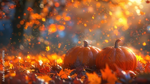 A lively Thanksgiving setting with scattered pumpkins, autumn leaves, and soft afternoon light. photo