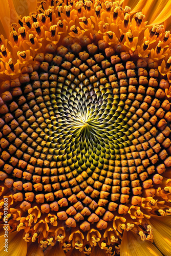 The intricate spiral patterns of sunflower seeds arranged in the center of a sunflower  with their Fibonacci sequence and geometric precision 