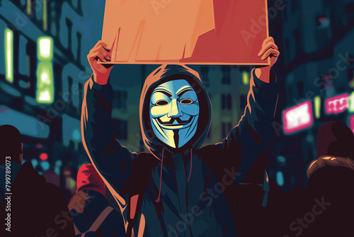 Angry Protester in Mask Holding a Sign: Vector Illustration of Activist in Protest – Anonymous Hacker Poster photo