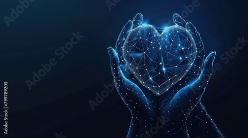 A surreal composition featuring a futuristic illustration of glowing low polygonal hands cradling a heart shape, symbolizing the intrinsic value of compassion and solidarity in humanitarian efforts. photo