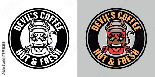 Devil coffee paper cup mascot vector round emblem, badge, label or print design in two styles, black on white and colorful