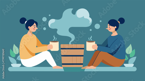The steam from cups of coffee mixing with the steam of a sauna as two friends relax and open up about their struggles.. Vector illustration