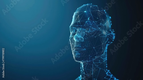 An abstract depiction of a robot with artificial intelligence, featuring biometric scanning and face recognition technology in a polygon vector wireframe concept. photo