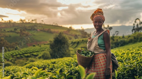 An African woman stands in a field of tea plants, holding a basket of tea leaves. She is smiling at the camera