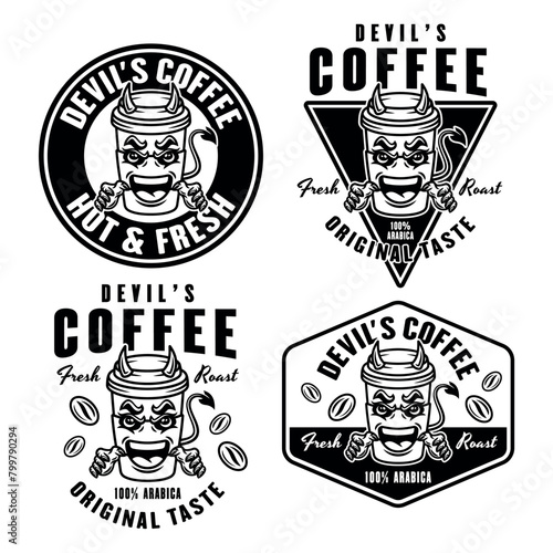 Devil coffee paper cup mascot set of vector emblems, badges, labels or prints design in black style on white background