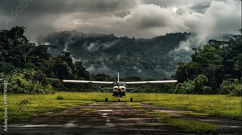 A small plane on an empty grass runway in the jungle. Generative AI.