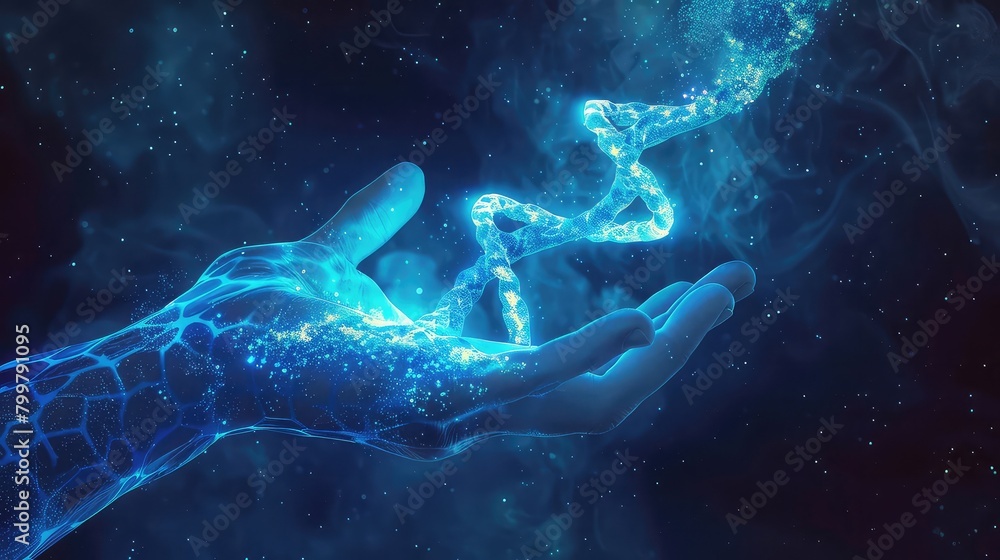 An artistic rendition of a spectral blue hand gently guiding a vibrant 3D DNA helix through space, evoking the idea of controlled genetic modification. An artistic rendition of a spectral blue hand gently guiding a vibrant 3D DNA helix through space, evoking the idea of controlled genetic modification.