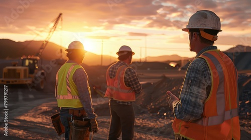 An atmospheric image capturing workers in hard hats and safety vests, engaged in a discussion about the upcoming construction phase, highlighting the importance of communication.