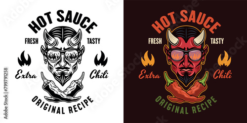 Hot sauce vector emblem, label, badge with devil head illustration in two styles black on white and colorful