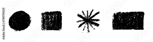square, rectangle, circle basic geometric shapes set. Hand drawn Noise grunge pencil charcoal or crayon texture figures