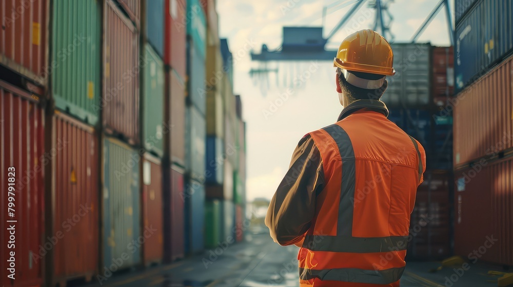 An atmospheric photo showcasing the teamwork and expertise of a Caucasian engineer and business professionals in a container terminal. An atmospheric photo showcasing the teamwork and expertise of a Caucasian engineer and business professionals in a container terminal.