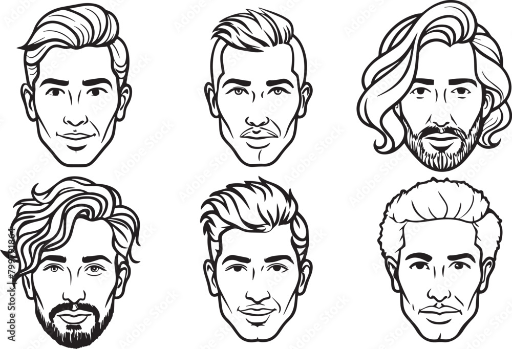 Handsome Men different hair style - Black and White Cartoon Illustration, Handsome Men different hair style - Black and White Cartoon Illustration,