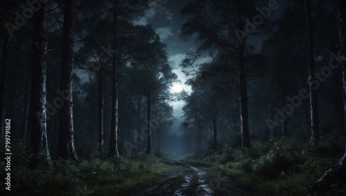  a dark forest with tall tress and a path leading into the distance. The sky is dark and there is a bright light in the distance.