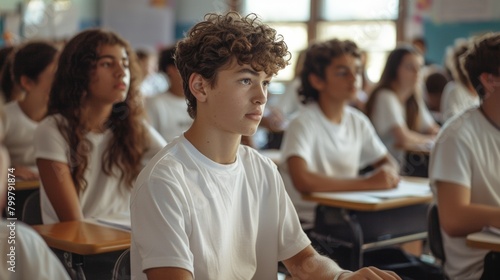 Caucasian high school students sitting at desks learning in the classroom at school class