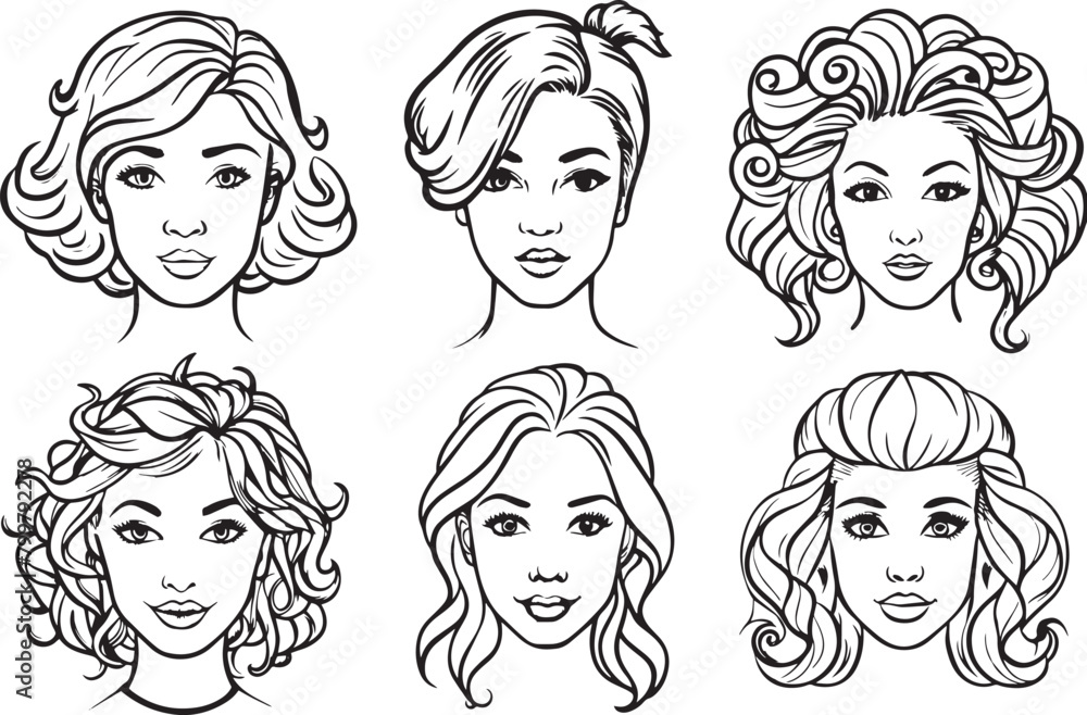 Set of beautiful girls with different hairstyles. Vector illustration in black and white. Set of beautiful girls with different hairstyles. Vector illustration in black and white.