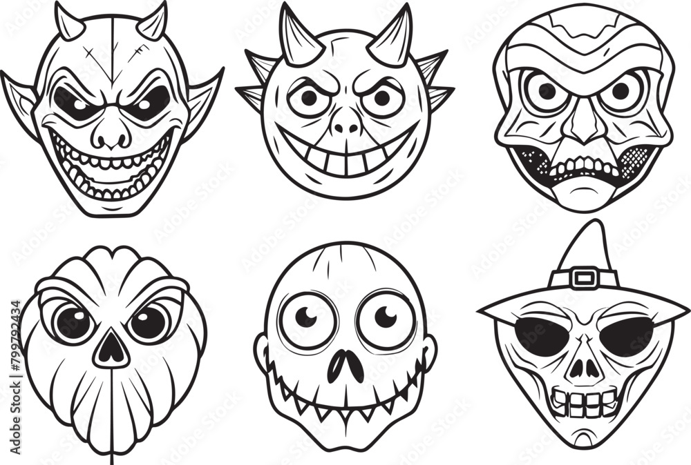 Set of black and white halloween skulls mask . Vector illustration.