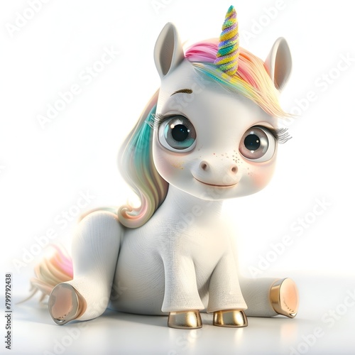 Curious White Baby Unicorn with Holographic Mane Exploring Reflections