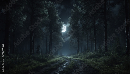  a dark forest with tall tress and a path leading into the distance. The sky is dark and there is a bright light in the distance. photo