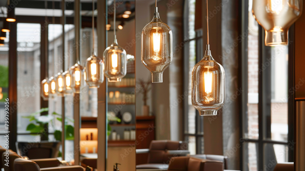 Stylist's workspace lit by chic Italian pendant lighting. Stylist's workspace lit by chic Italian pendant lighting.