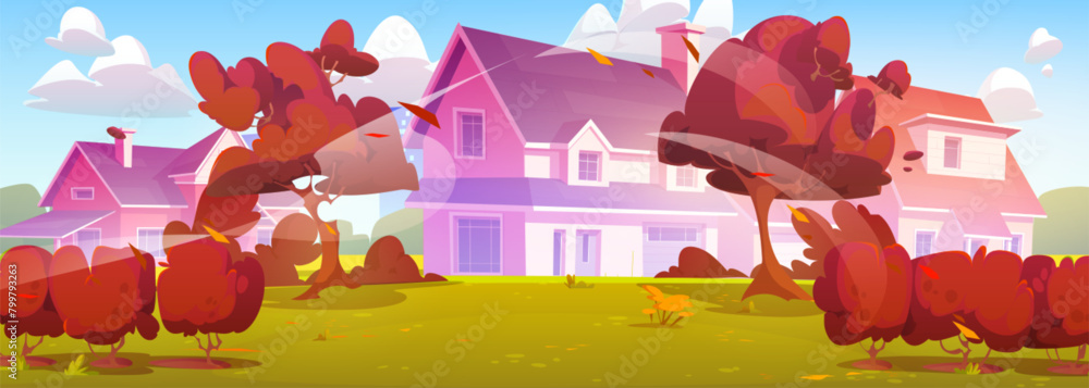 Naklejka premium Suburban town district in autumn. Vector cartoon illustration of houses with green lawn, yellow trees in backyard, housing neighborhood, fall season, golden leaves flying in wind, blue sky with clouds