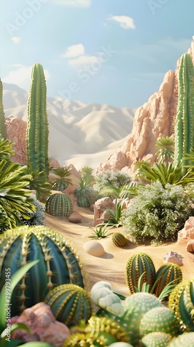 Surreal Desert Valley with Flourishing Cacti and Melon Hybrids Beneath a Sunny Sky