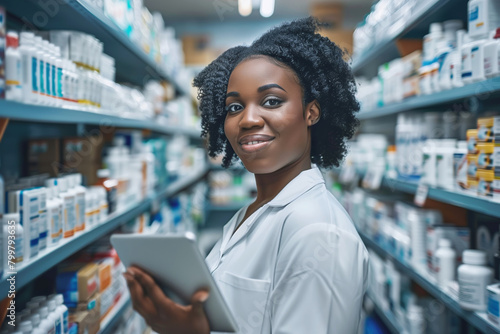 An African American female pharmacist in a white lab coat uses a digital tablet amidst aisles of medications in a pharmacy.
