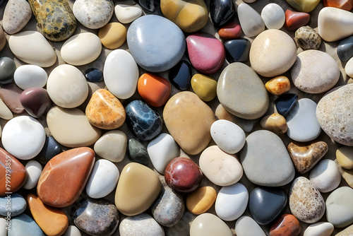 Colorful pebbles on the shore of the sea, close up.