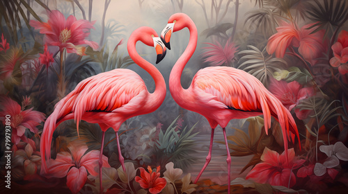 Pink flamingos gracefully standing in a serene lake