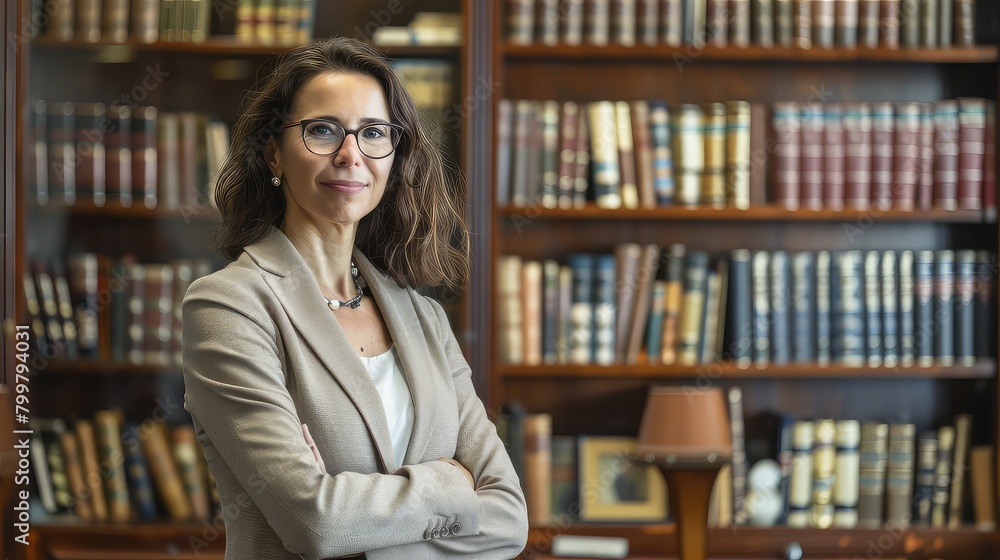 Confident attorney in her office, framed by shelves of law books, conveying knowledge and experience. Confident attorney in her office, framed by shelves of law books, conveying knowledge and experience.