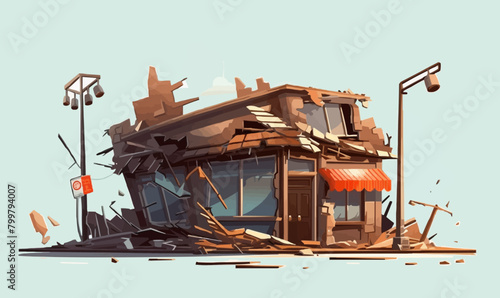 destroyed shop demolished building vector flat isolated illustration