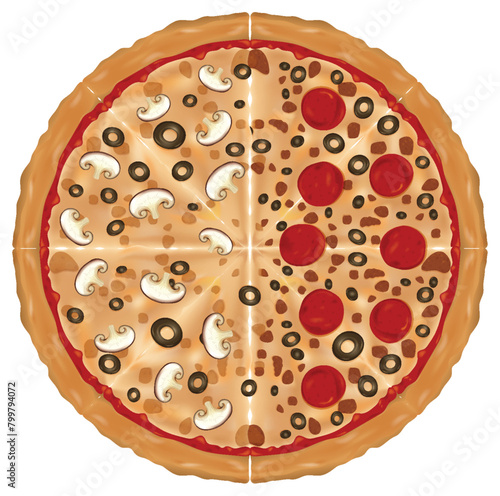 Vector illustration of a pizza with various toppings.