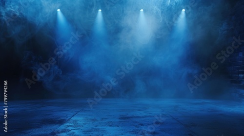 concept of dark blue background  empty dark scene  neon lights  spotlights Asphalt floor and studio room.