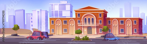 Cars parked near administration building in city. Vector cartoon illustration of classic style school, museum, university house, autos on road, modern cityscape silhouettes on blue sky background